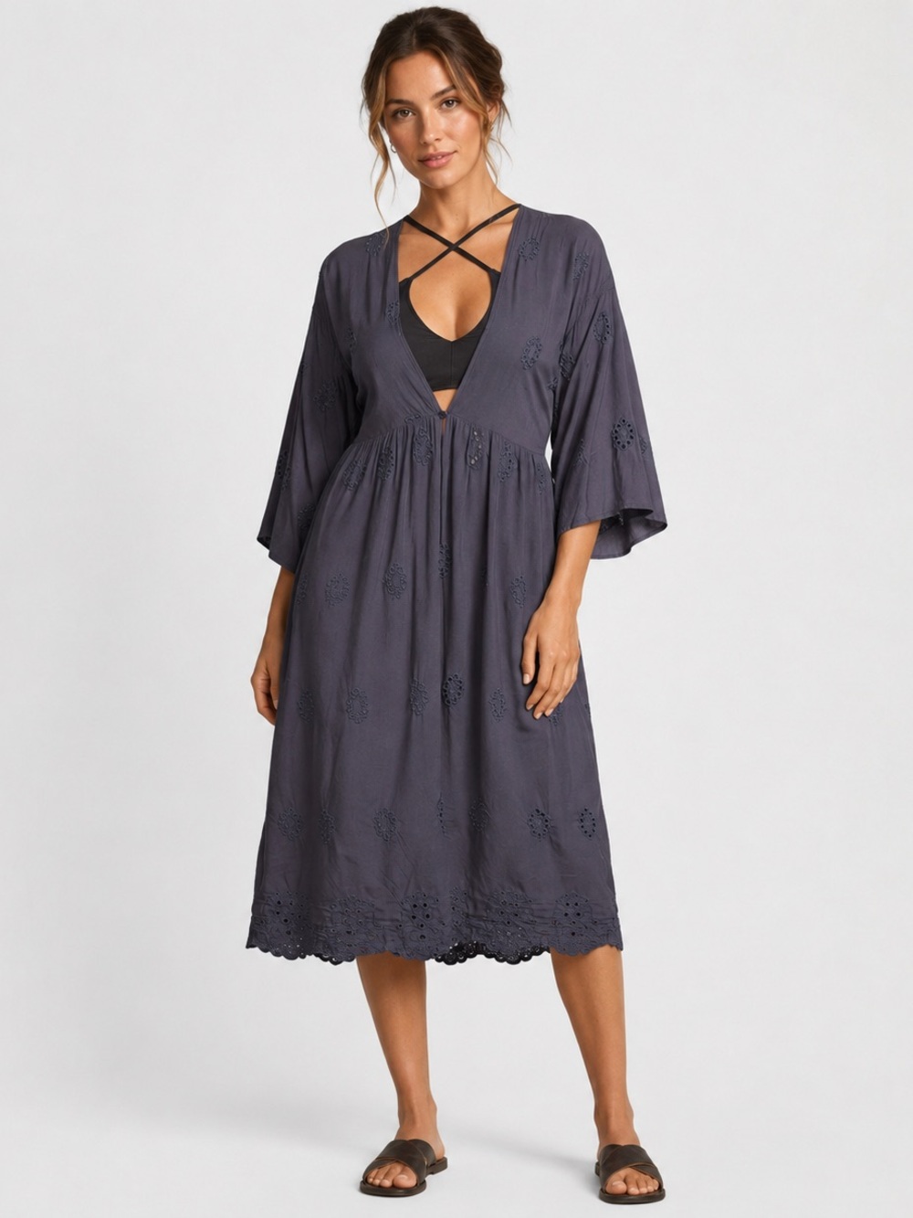 Blue/Gray eyelet cover up midi dress with tie back detail; size small/medium